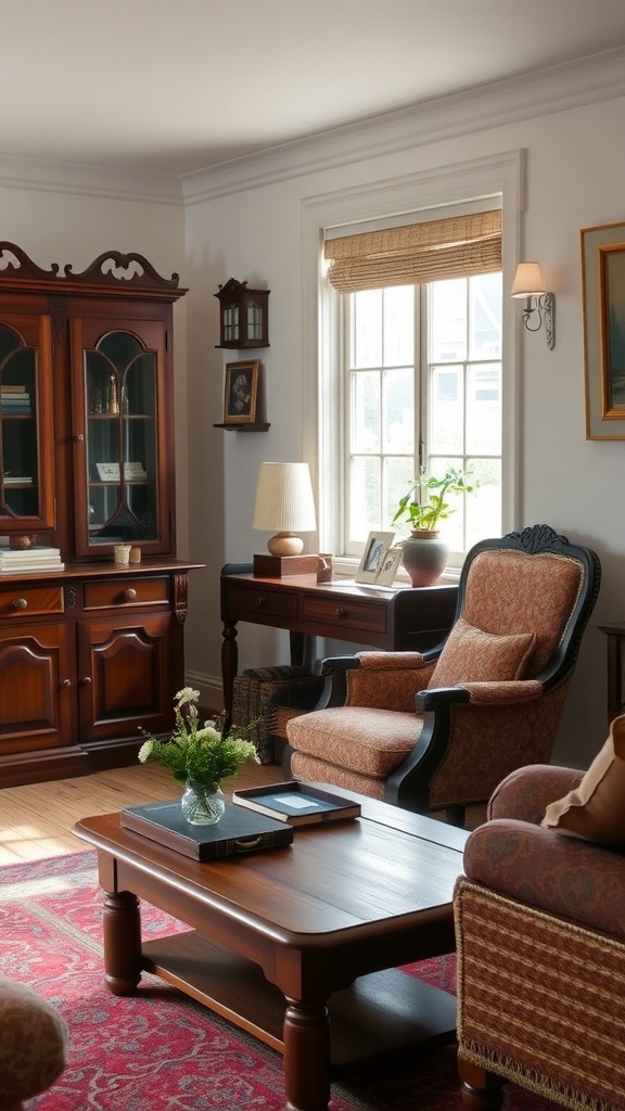 Cozy living room with antique furniture including a cabinet, armchair, and coffee table with flowers