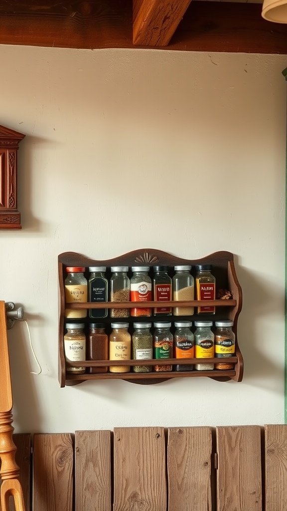 An antique wooden spice rack mounted on a wall, displaying various jars of spices.