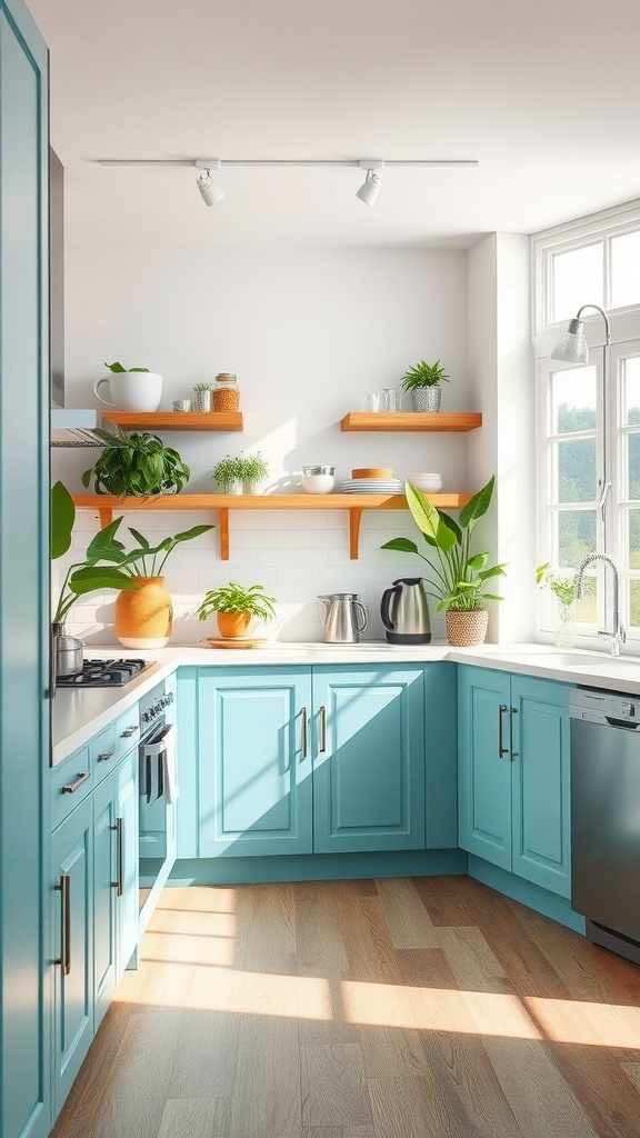 A modern kitchen featuring aqua blue cabinets, open shelving with plants, and natural wood flooring, filled with sunlight.