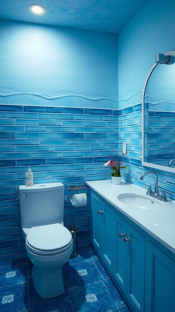 A bright bathroom with aquatic blue wall tiles and decor