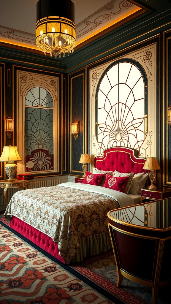 A beautifully designed Art Deco bedroom featuring red and gold accents, an elegant chandelier, and intricate patterns on the walls.