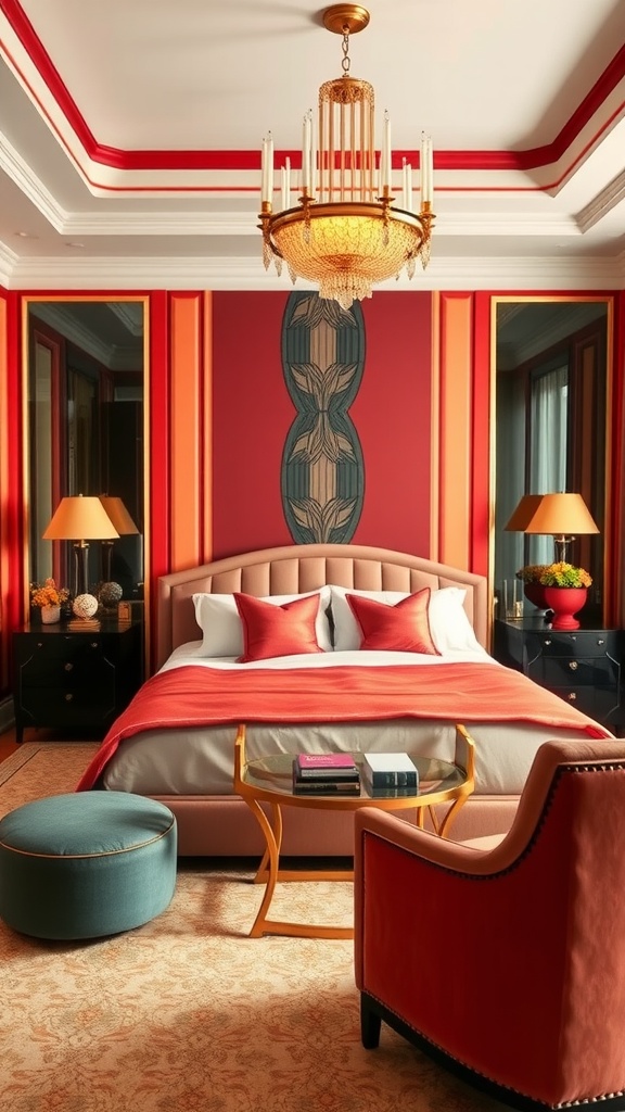 A stylish Art Deco bedroom featuring bold colors and elegant décor.