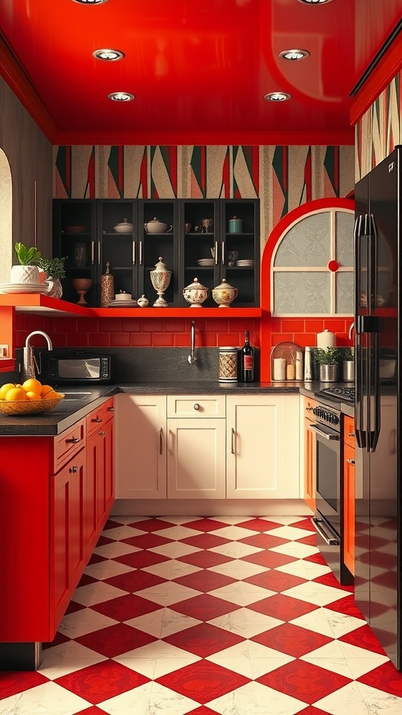 A colorful Art Deco kitchen featuring red cabinets, black countertops, and checkered flooring.