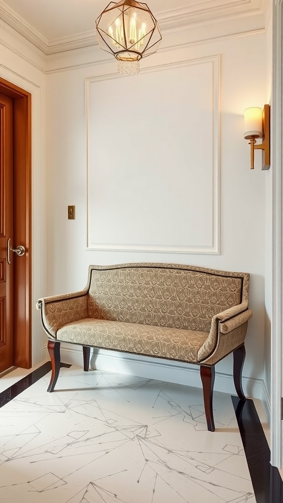 An elegant Art Deco inspired bench with intricate patterns in a stylish entryway.