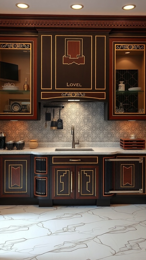 Art Deco inspired kitchen cabinets with dark wood, gold accents, and glass shelves
