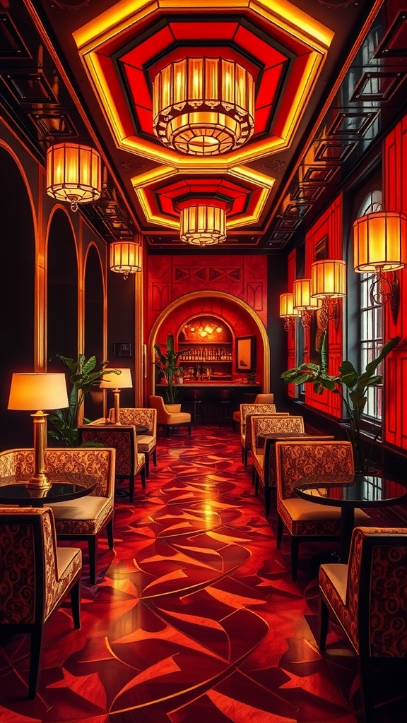 Art Deco style interior featuring bold red colors, luxurious lighting, and elegant furniture.