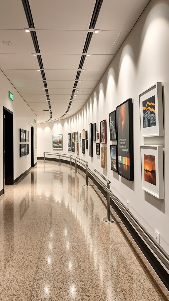 Modern hallway with an art display rail showcasing various framed artworks