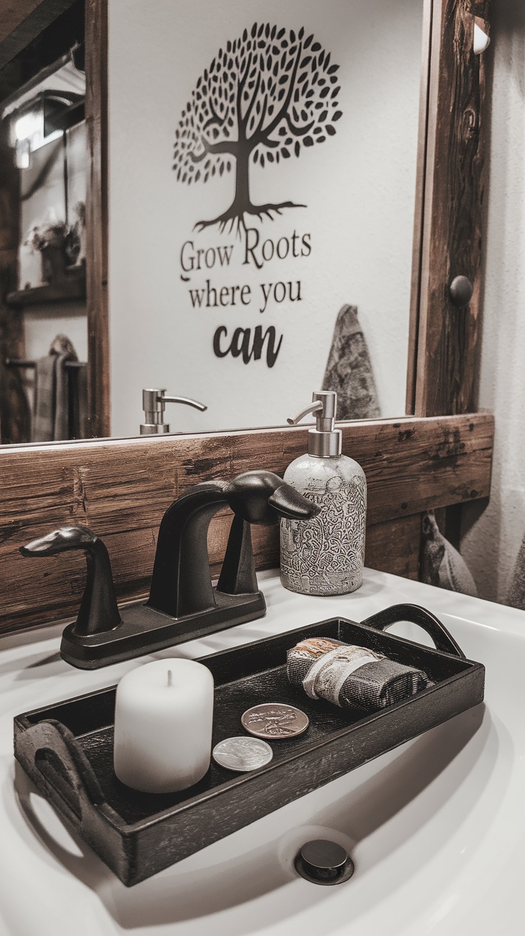 A stylish bathroom featuring framed artwork, a wall sconce, and organized toiletries on a wooden tray.