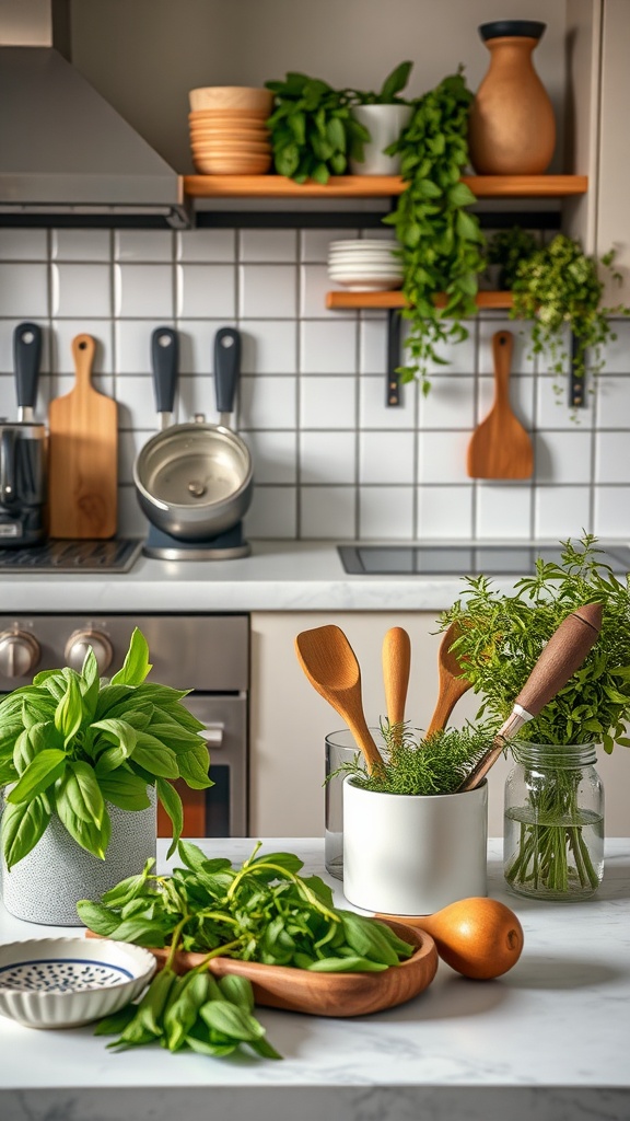 A bright kitchen with fresh herbs, wooden utensils, and pots displayed artfully.