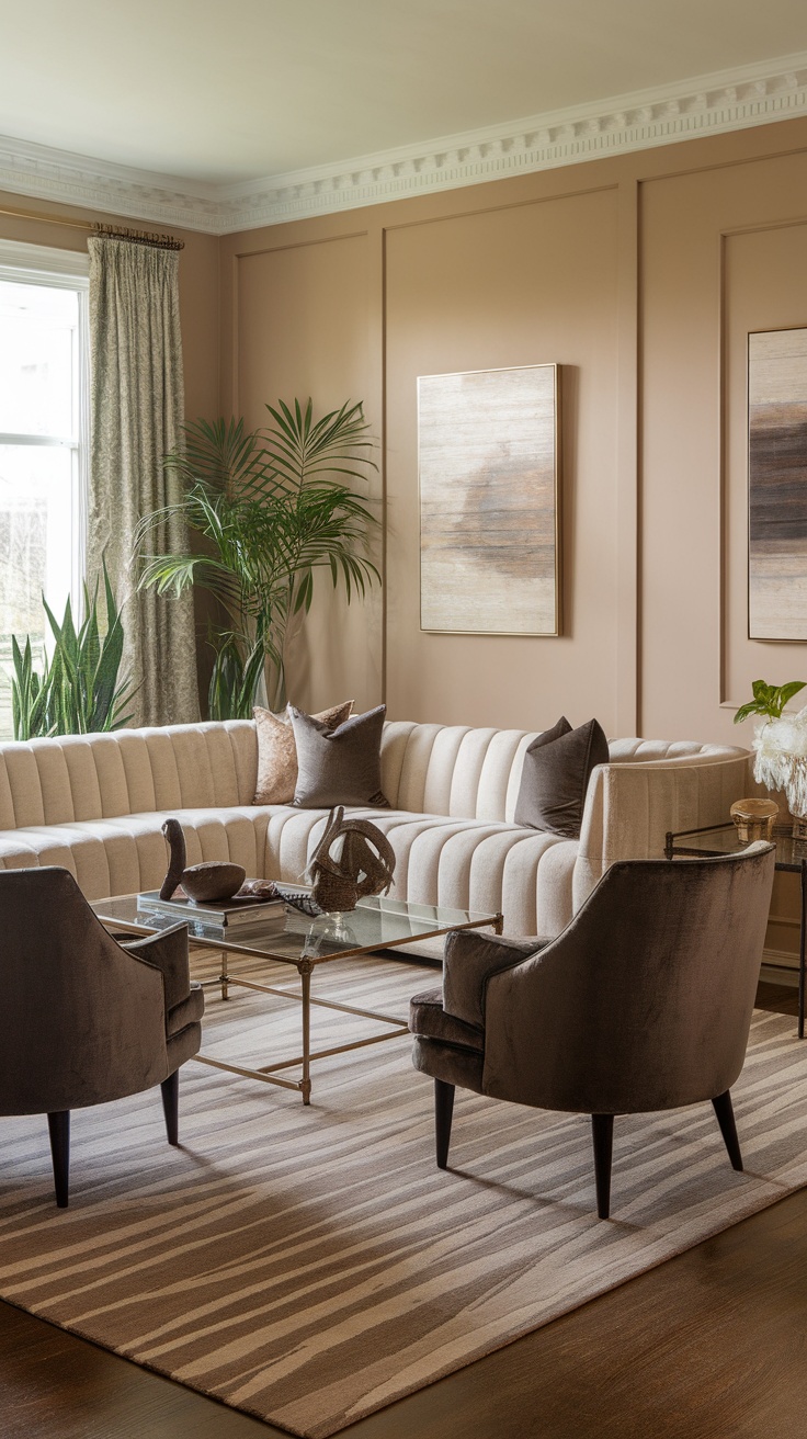 Elegant living room with plush furniture, artwork, and plants