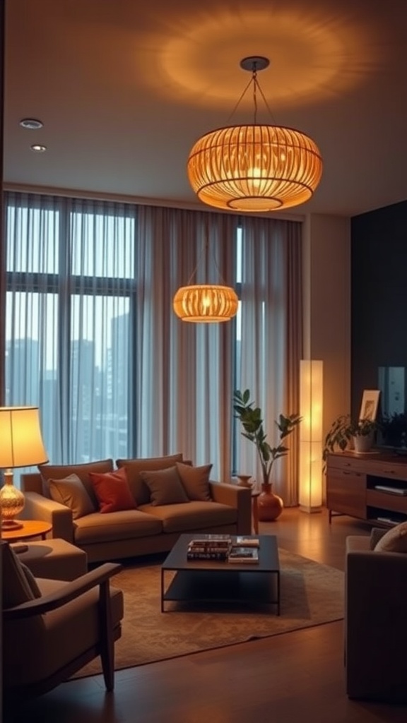 A contemporary living room featuring warm pendant lights, a cozy sofa, and stylish decor.