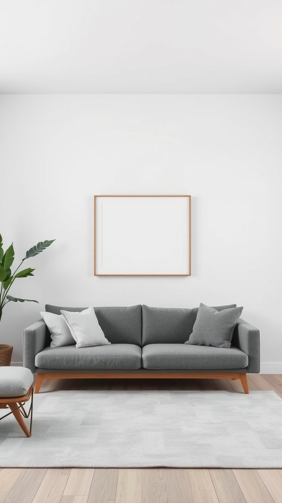 Minimalist living room featuring a gray sofa, blank frame on the wall, and a potted plant.