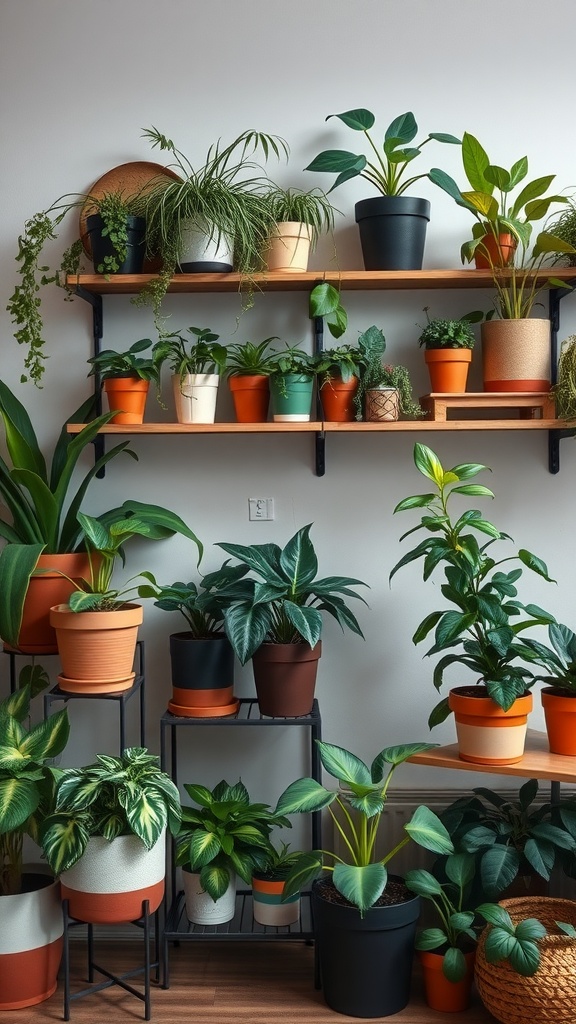 A vibrant display of various potted plants on shelves and stands, showcasing different pot styles and heights.