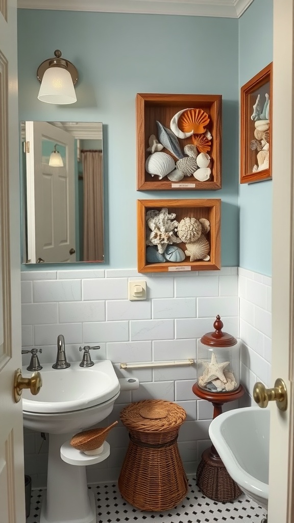 Artful shell displays in a coastal bathroom setting.