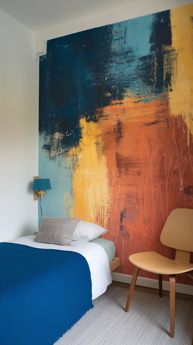 A small bedroom with colorful and playful wall art, featuring a vibrant bird and humorous quotes, complemented by simple furniture.