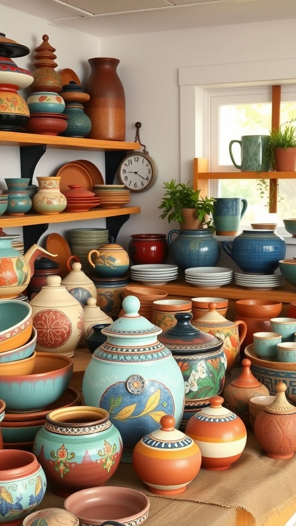 A vibrant collection of artisan-crafted pottery displayed on shelves in a farmhouse kitchen.