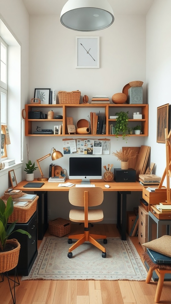 A cozy artisan craft office space featuring a wooden desk, shelves with decorative items, plants, and a computer.