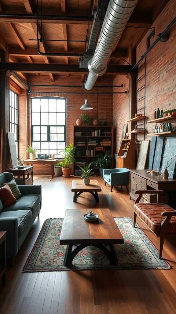 A cozy urban loft with artisan furniture, featuring wooden coffee tables, a comfortable sofa, and plants.
