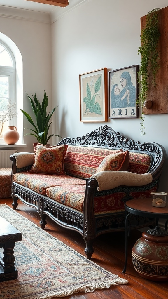 Artisan handcrafted sofa with intricate wooden frame and colorful upholstery, placed in a cozy living room setting