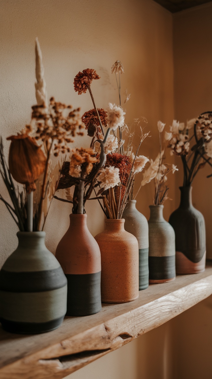 A collection of artisan pottery vases on a wooden shelf with dried flowers.