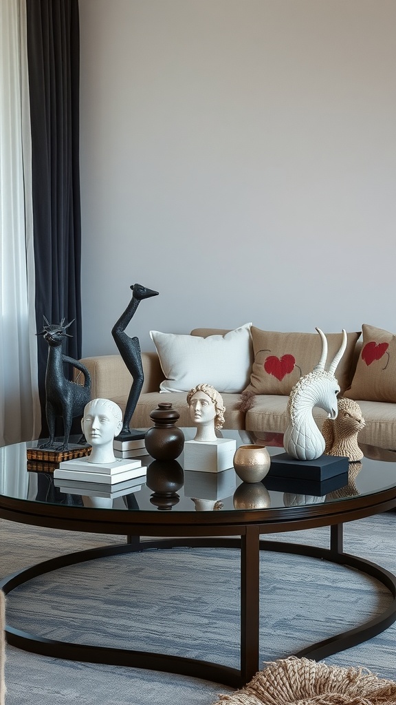 A stylish coffee table featuring a mix of sculptures and decorative items, creating an artistic arrangement.