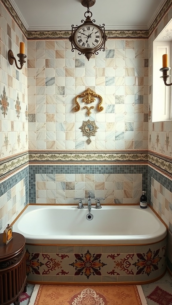 Decorative bathroom with an artistic bathtub surrounded by intricate tile work and decorative elements