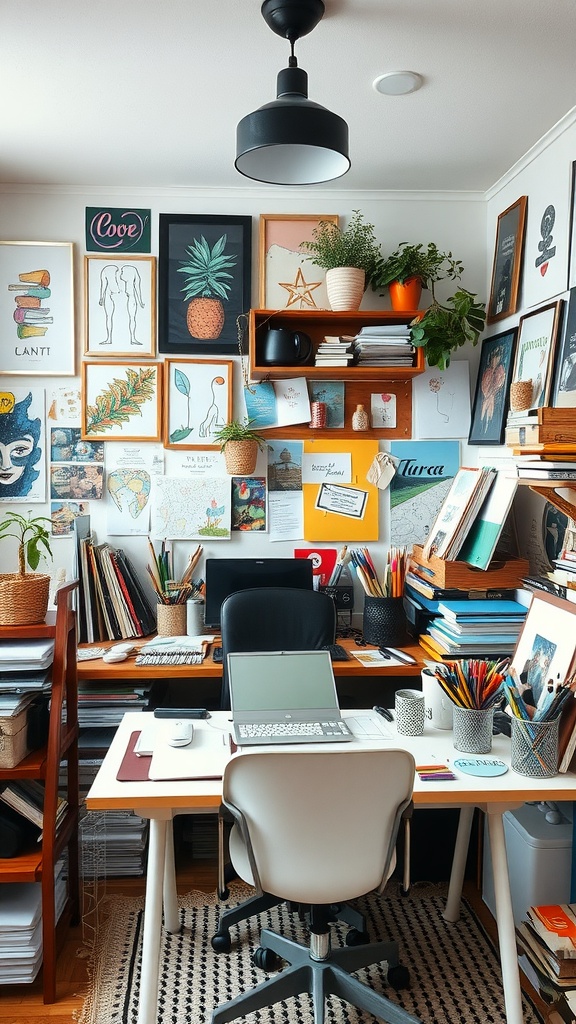 A colorful home office space with artwork on the walls, a desk with a computer, and various plants.