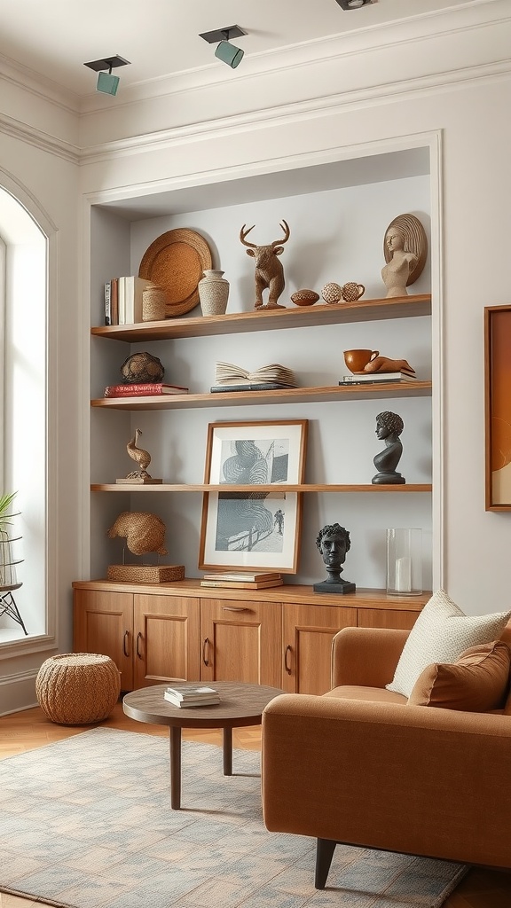 Artistic display of built-in shelves featuring sculptures, books, and decorative items.