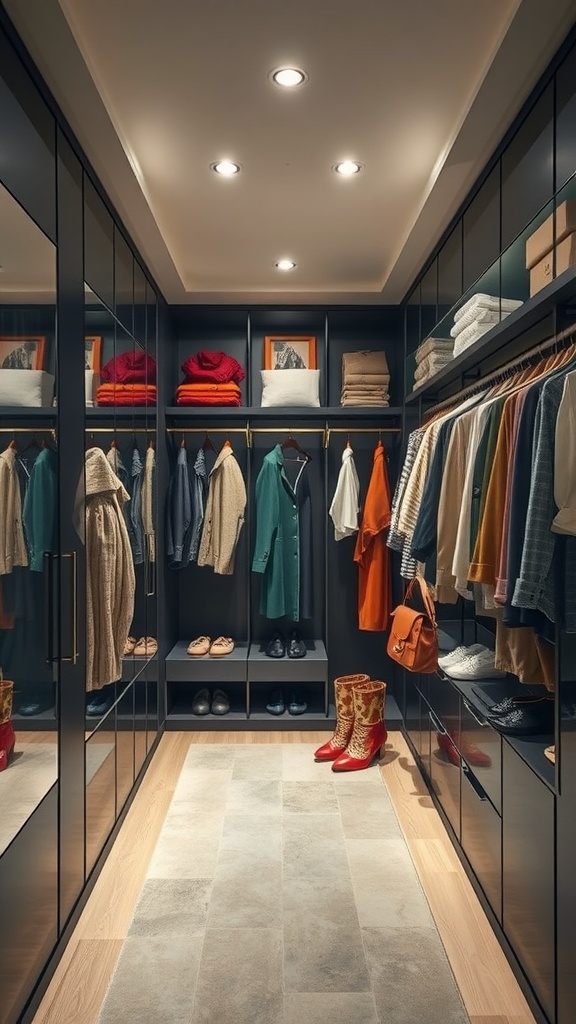 A modern walk-in closet featuring black cabinetry, organized clothing, shoes, and artistic displays.