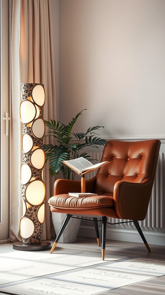 Stylish room with a unique floor lamp, a cozy armchair, and a plant