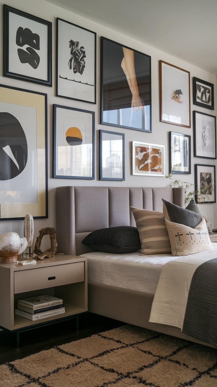 A stylish bedroom featuring a gallery wall with various framed artworks.