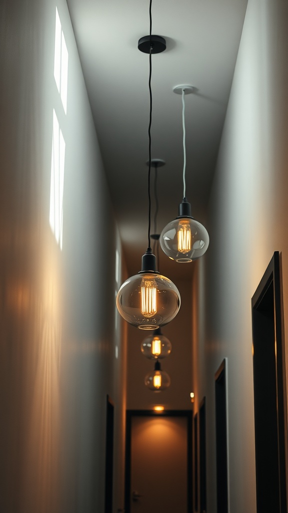 A narrow hallway with artistic pendant lighting fixtures hanging from the ceiling, creating a warm and inviting atmosphere.