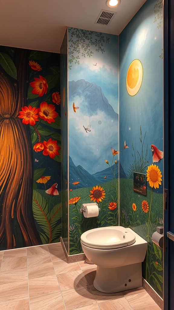 A colorful bathroom with artistic murals featuring flowers, butterflies, and a landscape