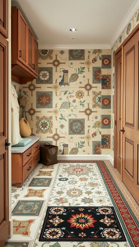 A stylish mudroom featuring artistic tiles and unique flooring solutions, showcasing an array of colorful patterns.
