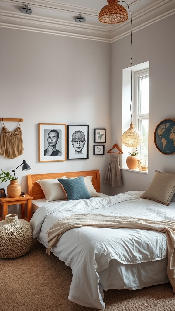A Scandinavian bedroom featuring a wooden bed, wall art, a woven lamp, and a cozy atmosphere.