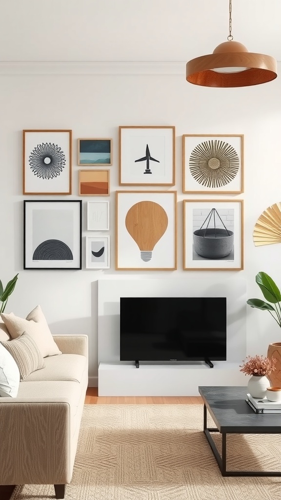 A contemporary living room featuring a gallery wall with various framed artworks and a TV unit.