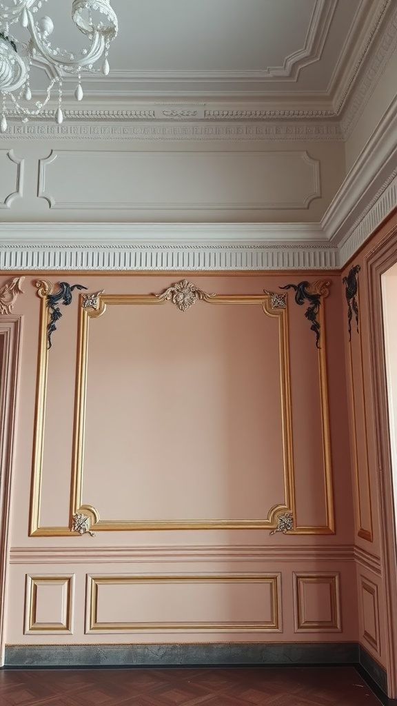 A room with pink walls featuring gold molding and decorative accents