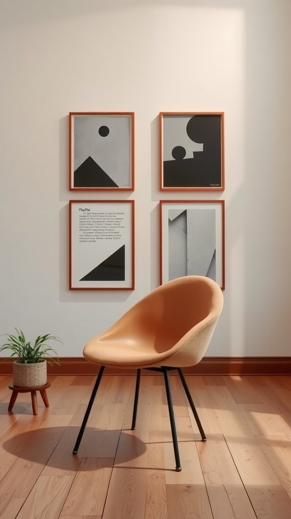 A modern artsy abstract shaped chair with warm tones and black legs, placed next to abstract art on the wall.