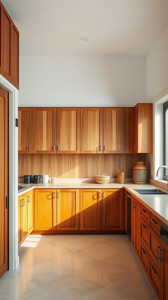 Asian-inspired wooden kitchen cabinets with light-colored countertops