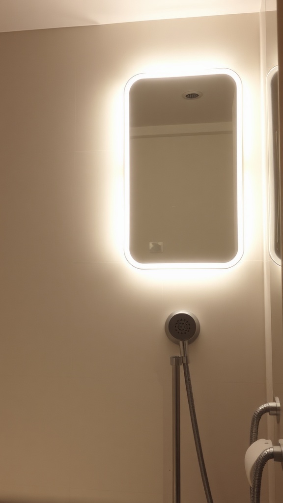 A modern backlit mirror above a shower with soft lighting