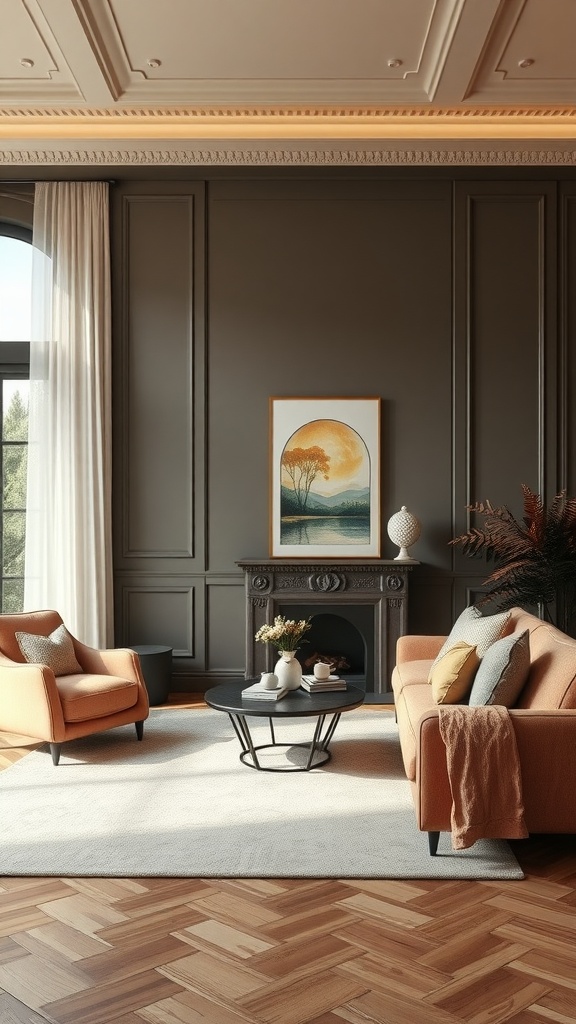 A luxurious living room featuring orange chairs, a dark wall, and elegant decor.