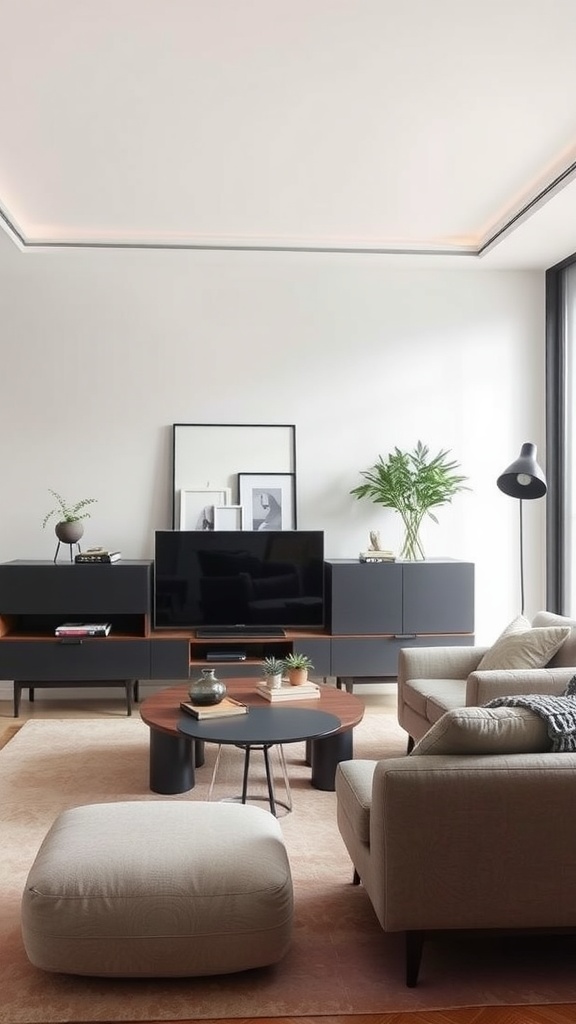 A minimalist living room with sleek furniture, a modern TV unit, and indoor plants.