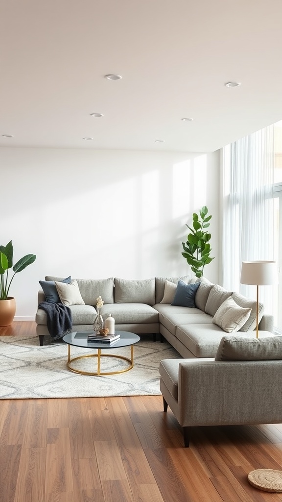 A modern living room featuring a sectional sofa, a round coffee table, and potted plants.