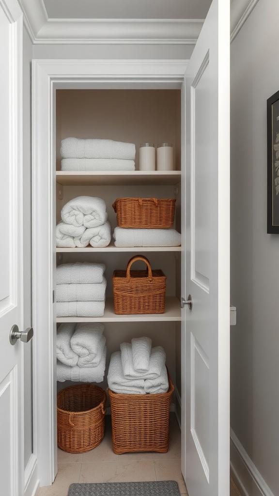 Organized bathroom linen closet with white towels and woven baskets