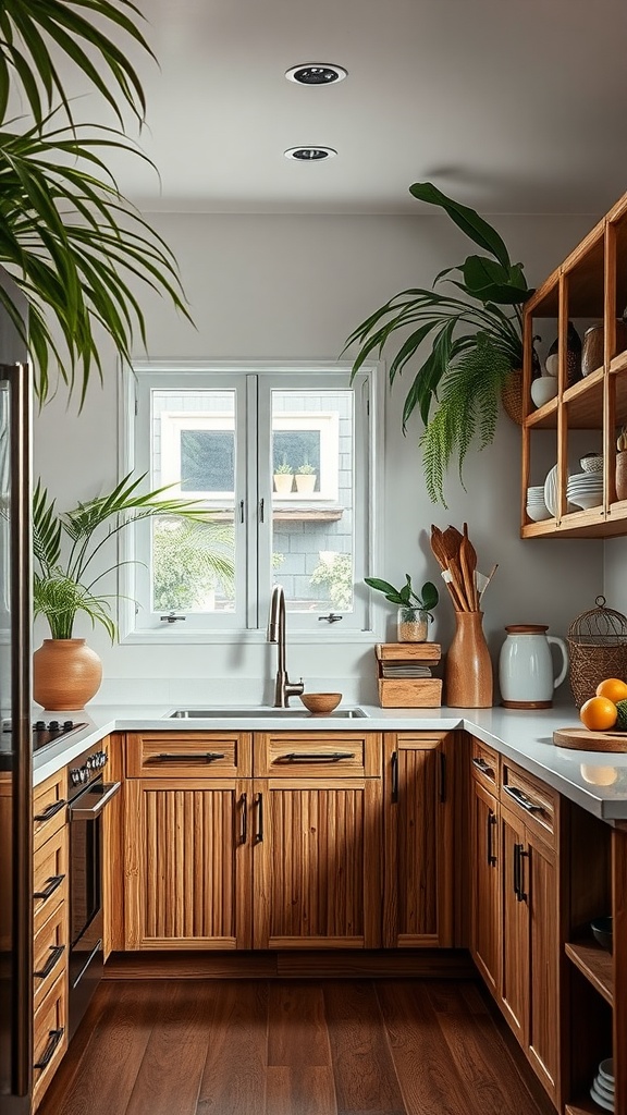 A coastal kitchen featuring bamboo cabinets, greenery, and a bright window.