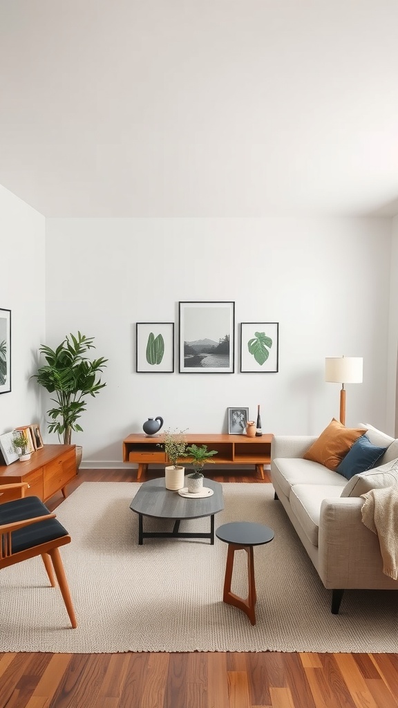 Minimalist living room with modern and vintage elements, featuring a couch, side table, potted plant, and botanical prints on the wall.