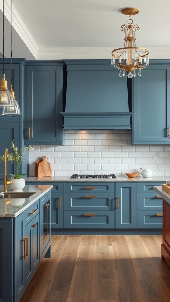 A stylish kitchen with blue cabinets, gray accents, and gold hardware.