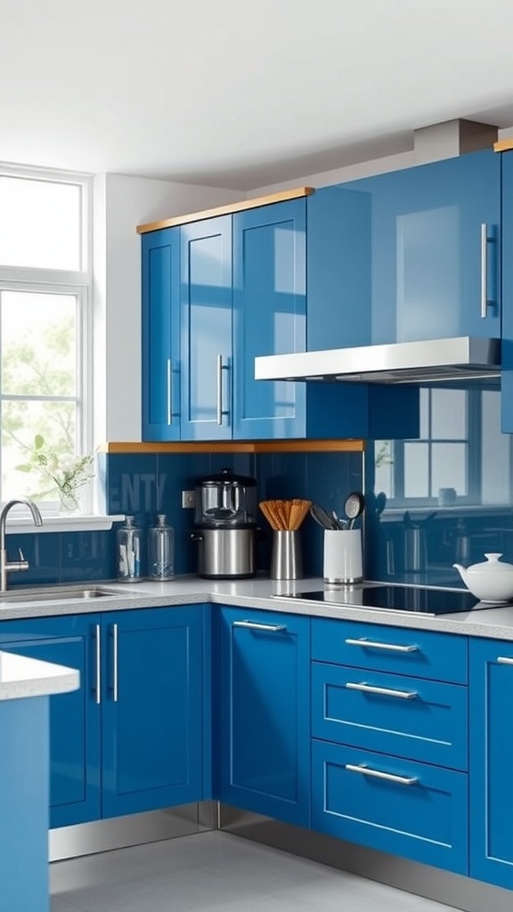 Bright blue kitchen cabinets with metallic accents and wooden countertop