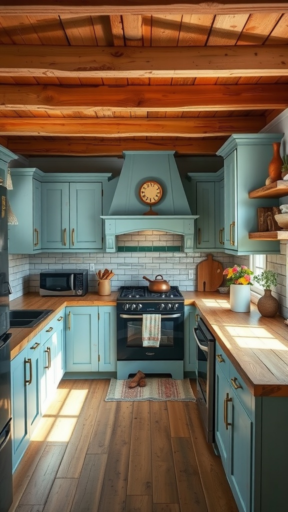A rustic kitchen featuring blue cabinets and wooden accents