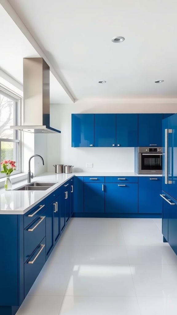 A modern kitchen featuring blue cabinets and white countertops, with a bright and clean aesthetic